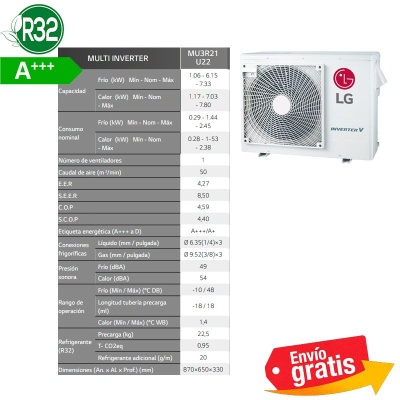 Aire Acondicionado 3x1 LG MU3R21 + 3 unidades interiores PC09SK.NSJ